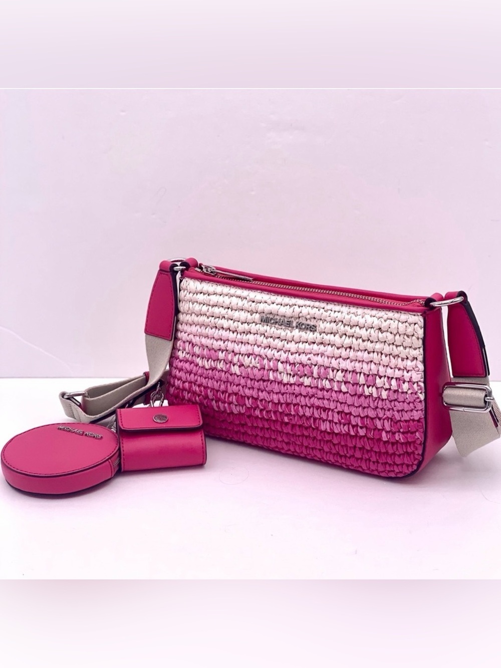 Michael Kors Jet Set Small Ombré Straw Crossbody Bag w/ Apple AirPods Case NWT